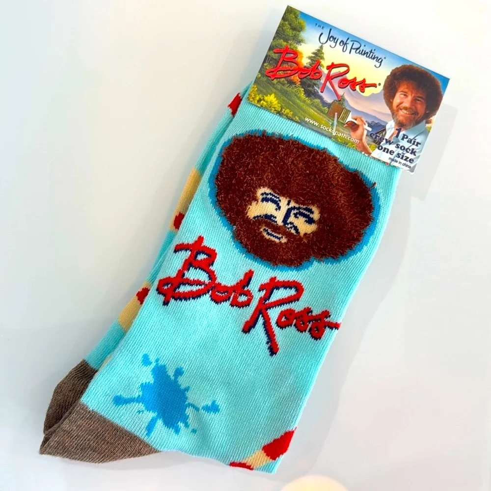 Bob Ross The Joy of Painting Purl Stitched Bust Crew Socks Men’s 8-12 Hosiery
